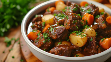 Beef Bourguignon with potatoes and carrots in a bowl - obrazy, fototapety, plakaty