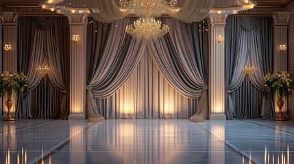 3D rendering of a classic interior with curtains and a stage.