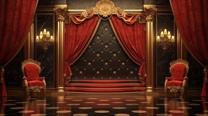 3D rendering of a classic interior with curtains and a stage.