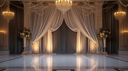 3D rendering of a classic interior with curtains and a stage.