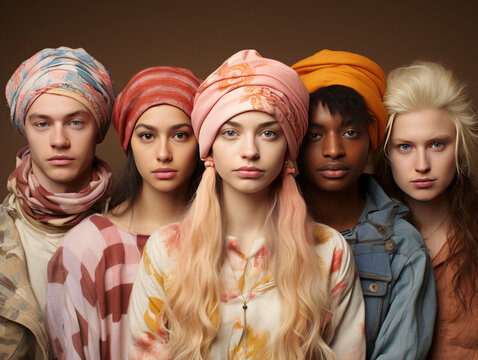 Diverse group of stylish young men and women wearing fashionable clothing and headwraps standing together against a brown studio backdrop
