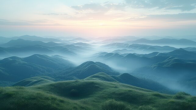 Rolling Hills At Dawn With Misty Valleys 3D Render, Background Work For Designer