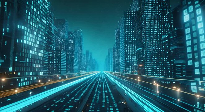 Digital city with data, code, and light trails. Digitalization and information technology concept.