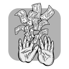 Big dollars banknotes money in your hands. Finance business, commerce, payment economy  theme for poster print, design elements. Take or give loan. Hand drawn illustration. Cartoon style drawing.