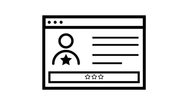 Web profile interface icon with user avatar, rating stars, and text lines animated on white background.