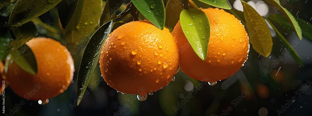 Wall mural a captivating close-up showcasing fresh oranges on the tree, with a clear focus on the ripe, vibrant