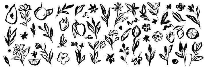 Doodle ink floral sketch set, vector flower brushstroke collection, hand drawn organic icon kit. Abstract naive botanical outline modern spring decoration design element. Doodle floral texture clipart - obrazy, fototapety, plakaty