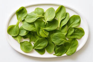 Spinach leaves on a white plate, accentuated by the simplicity of a clean white table for a fresh and appealing presentation.