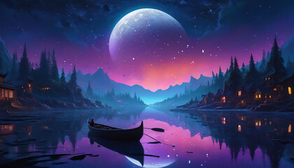 Fantasy night landscape with boat on the lake and full moon in the sky