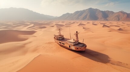 An abandoned and rusty fishing vessel lies wrecked on a dune in the desert without water