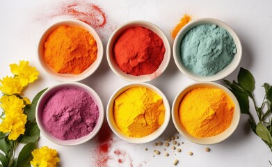Happy Holi decoration. Top view of colorful holi powder on white background. Hindu spring festival of colours. Top view of traditional holi paint in bowls isolated on white