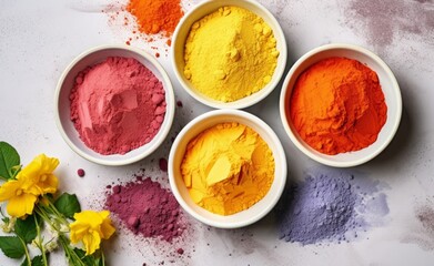Happy Holi decoration. Top view of colorful holi powder on white background. Hindu spring festival of colours. Top view of traditional holi paint in bowls isolated on white