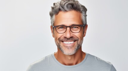 Obraz premium attractive middle aged man in white mock-up T-Shirt, looking into camera