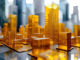 A realistic image of an architectural model of square yellow skyscrapers. Present the modern metropolis. 