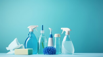 Close-up of cleaning products, sponges, dishwashers and floor sprayers on a blue background with copy space. Professional cleaning concept.