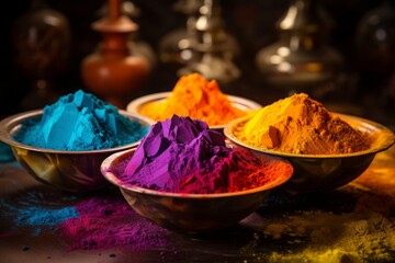 Happy Holi decoration. Top view of colorful holi powder on white background. Hindu spring festival of colours. Top view of traditional holi paint in bowls isolated on white