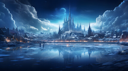 cityscape with ice structures glowing warmly in the cold blue of a winter night