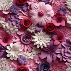 Decorative paper flower composition in a beautiful palette of pinks and purples. A beautiful arrangement of paper crafted flowers.
