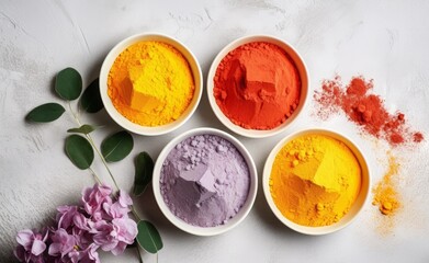 Happy Holi decoration. Top view of colorful holi powder on white background. Hindu spring festival of colours. Top view of traditional holi paint in bowls isolated on white