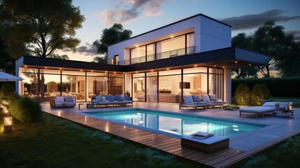 Fototapeta premium modern residential building with lighting and swimming pool in garden in the evening