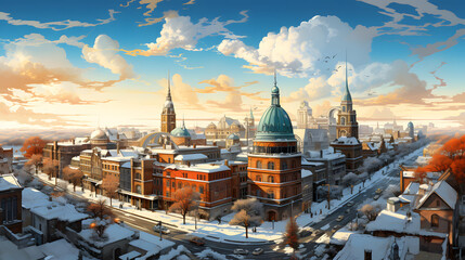 Panorama of the winter cityscape scene in a painting