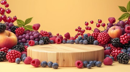 Berry background, raspberry and wooden podium, platform background, concept stand, presentation, factory layout,