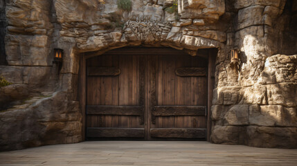 Large wooden door open in rock castle wall