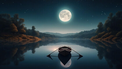 Fantasy night landscape with boat on the lake and full moon in the sky - obrazy, fototapety, plakaty