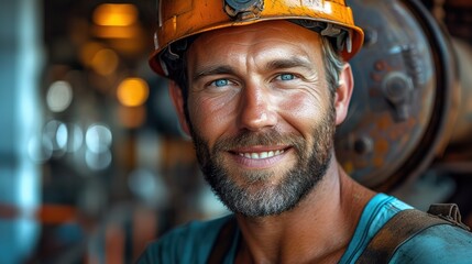 Fototapeta premium Cute Caucasian bearded construction worker with safety helmet on head