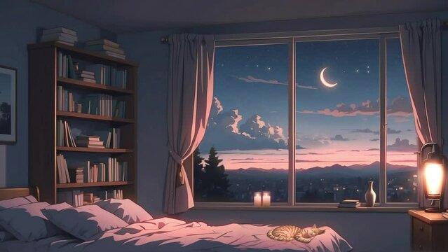 loop animation background, stream overlay, live wallpaper, cozy lo-fi living room, vtuber streamer asset twitch zoom OBS screen, anime chill hip hop.