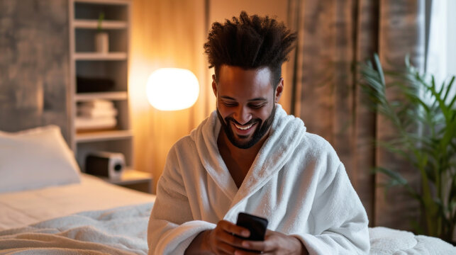 African American Male in bathrobe relaxing with smartphone in hotel room