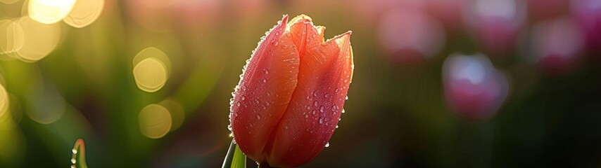 A macro shot of a single tulip with morning dew on its petals.