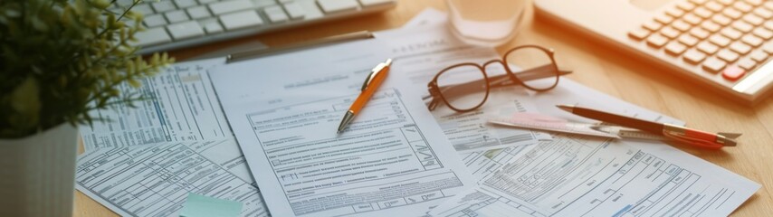 Obraz premium An overhead shot of a tax preparation checklist, tax forms, and financial documents.