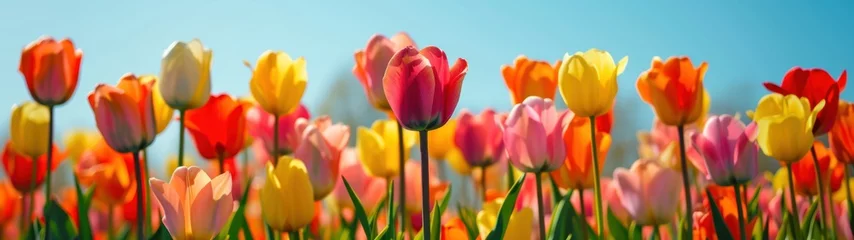 Foto op Canvas A field of colorful tulips against a clear, sunny sky. © peera