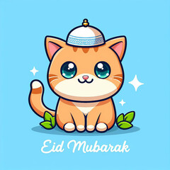 cute cat emoji with Eid Mubarak caption in blue background
