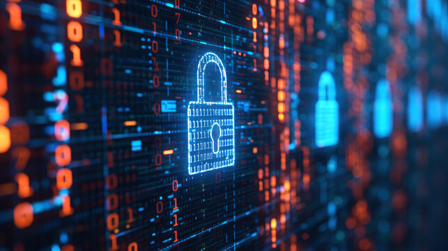 Delve into digital security through a detailed image featuring encryption with a digital padlock over a binary code background, highlighting data protection.