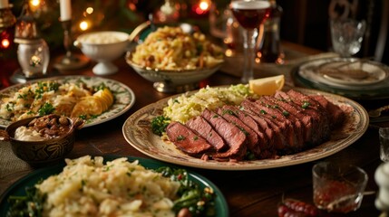 A traditional Irish meal with corned beef and cabbage, served on a festively decorated table.
