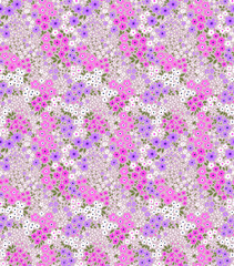 Vector seamless pattern. Pretty pattern in small flowers. Small white and pink flowers. Lilac background. Ditsy floral background. Delicate template for fashion prints. Stock vector.
