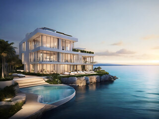 Luxury Waterfront Residences: Elegance by the Shore. a contemporary waterfront estate with a private dock, infinity pool, and sleek architectural lines blending seamlessly with the ocean
