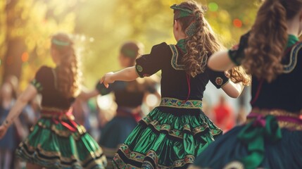 Irish dancers performing in traditional costumes at a cultural event.