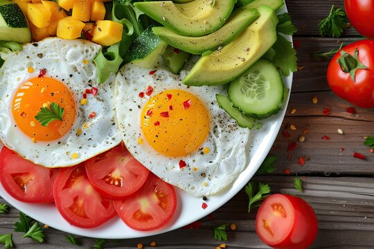 A colorful breakfast platter with fried eggs, fresh vegetables, and avocado slices