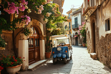 Obraz premium Three-wheeled light commercial vehicle Ape in the streets of Taormina in Sicily