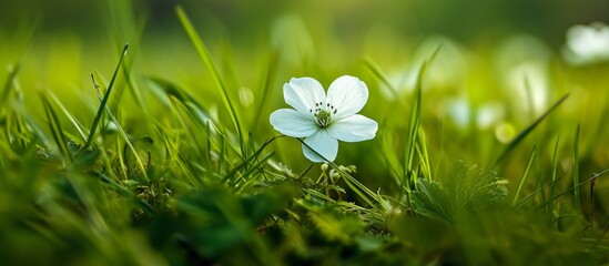 One: A Stunning White Flower Amidst the Lush Green of Grass, One, White, Flower, Grass Reigns Supreme