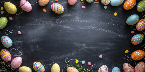 Top view of multicolored Easter eggs with ornament creating a border on a black background, leaving ample copy space. Perfect for festive social media content, print advertisements. Banner - obrazy, fototapety, plakaty