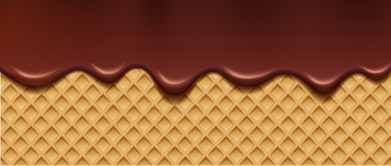 3d realistic vector illustration. Liquid hot chocolate dripping on the wafer.
