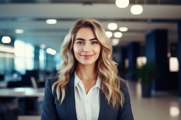 Fototapeta premium A professional woman dressed in a business suit smiles directly at the camera.
