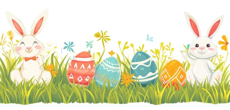 Joyful Easter Bunnies with Colorful Eggs, Three cheerful cartoon Easter bunnies surrounded by vibrant decorated eggs and greenery under a sunny sky