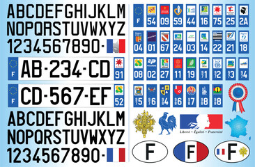 France car license plate pattern, letters, numbers and symbols, vector illustration, European Union - obrazy, fototapety, plakaty