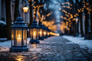 Elegant Candlelight Lantern Decoration on Snowy Winter Street During the Enchanting Winter Season