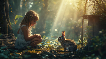 Little Girl Encounters Rabbit in Sunlit Woods, A young girl in a delicate dress marvels at a rabbit among the twinkling lights of a forest at sunrise, easter theme